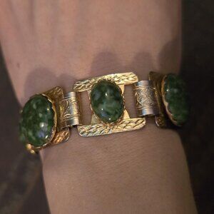 Vintage Green Resin Gold Tone Panel Link Bracelet MCM Glam Retro Chic Filigree